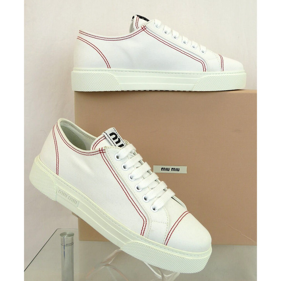 MIU MIU PRADA 5E004D WHITE CANVAS RED STITCHING LOGO PLATFORM LACE SNEAKERS 40